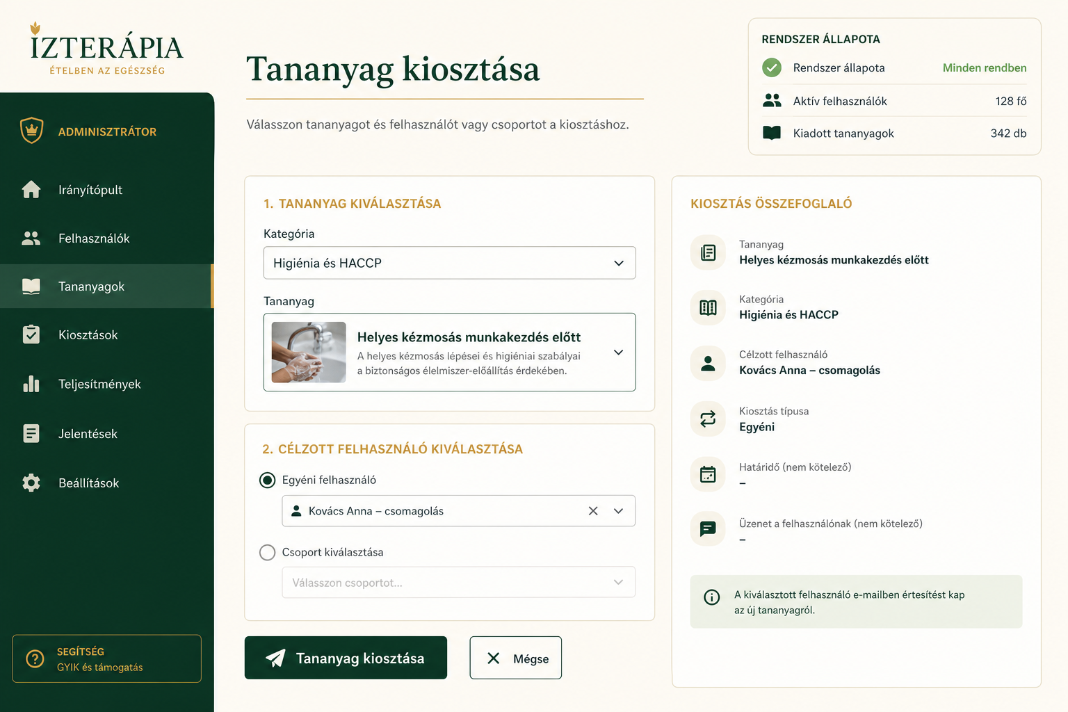Adminisztrátori nézet tananyag kiosztásához