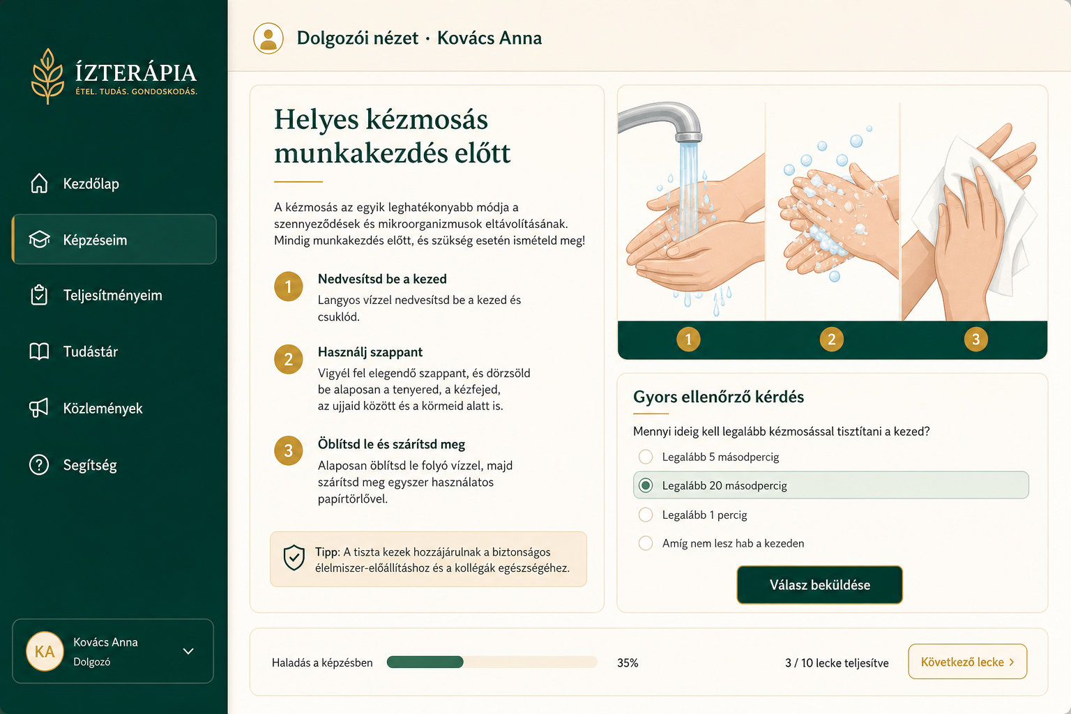 Dolgozói nézet kézmosási tananyaggal és kvízzel