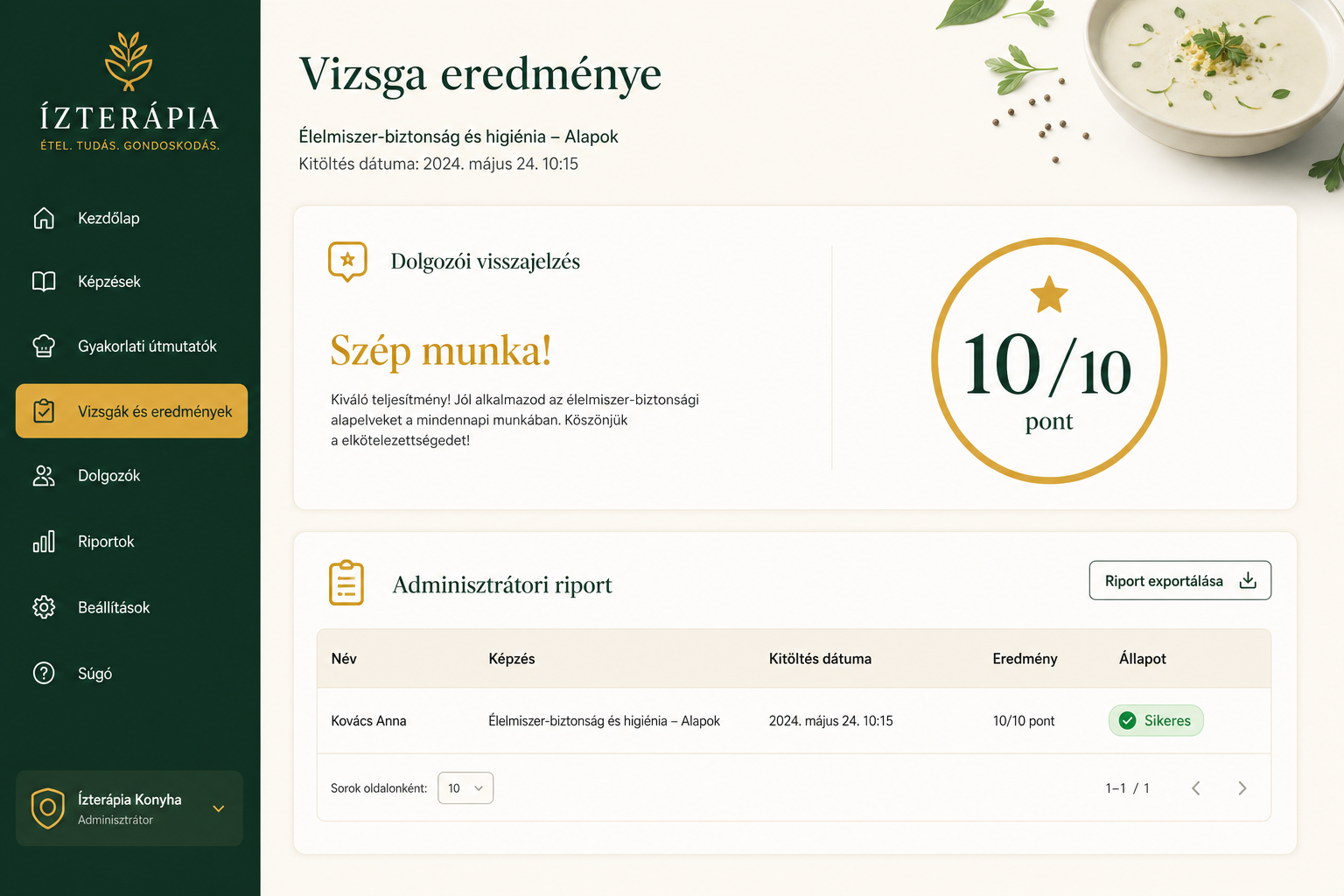 Eredményriport a dolgozó teljesítéséről
